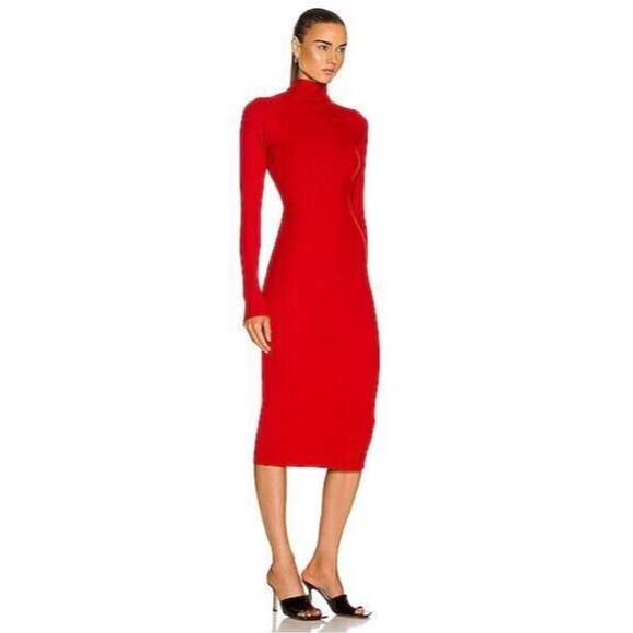 Enza Costa Viscose Rib Twist Back, Long Sleeve Red Midi Cocktail Dress, Sz S - Picture 2 of 14